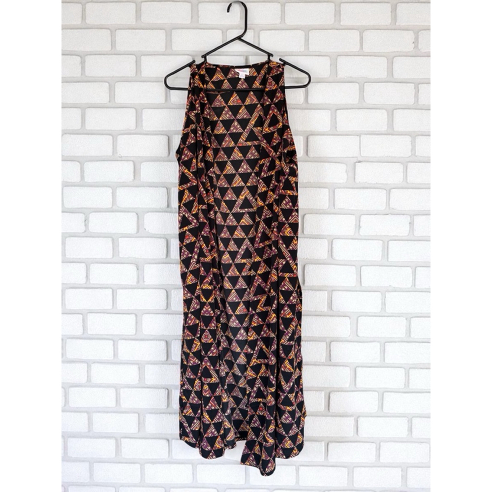LuLaRoe Women’s Large Joy Silky Long Duster Vest Geometric Side Slits Boho Zelda